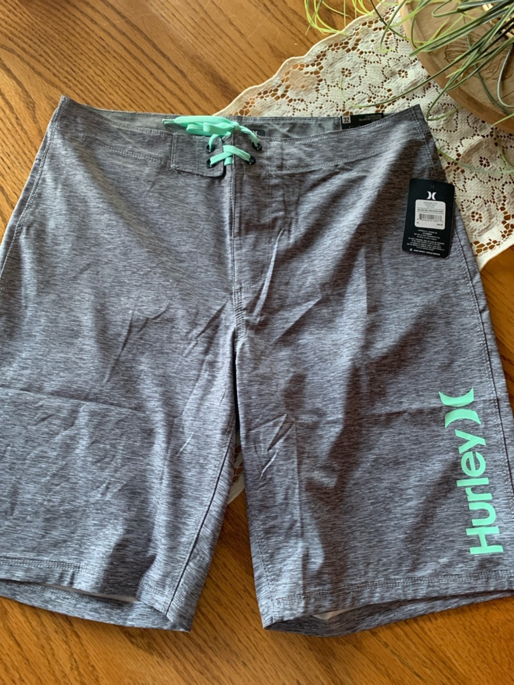 Hurley Men’s Gray Board Shorts with Mint Logo and Drawcord